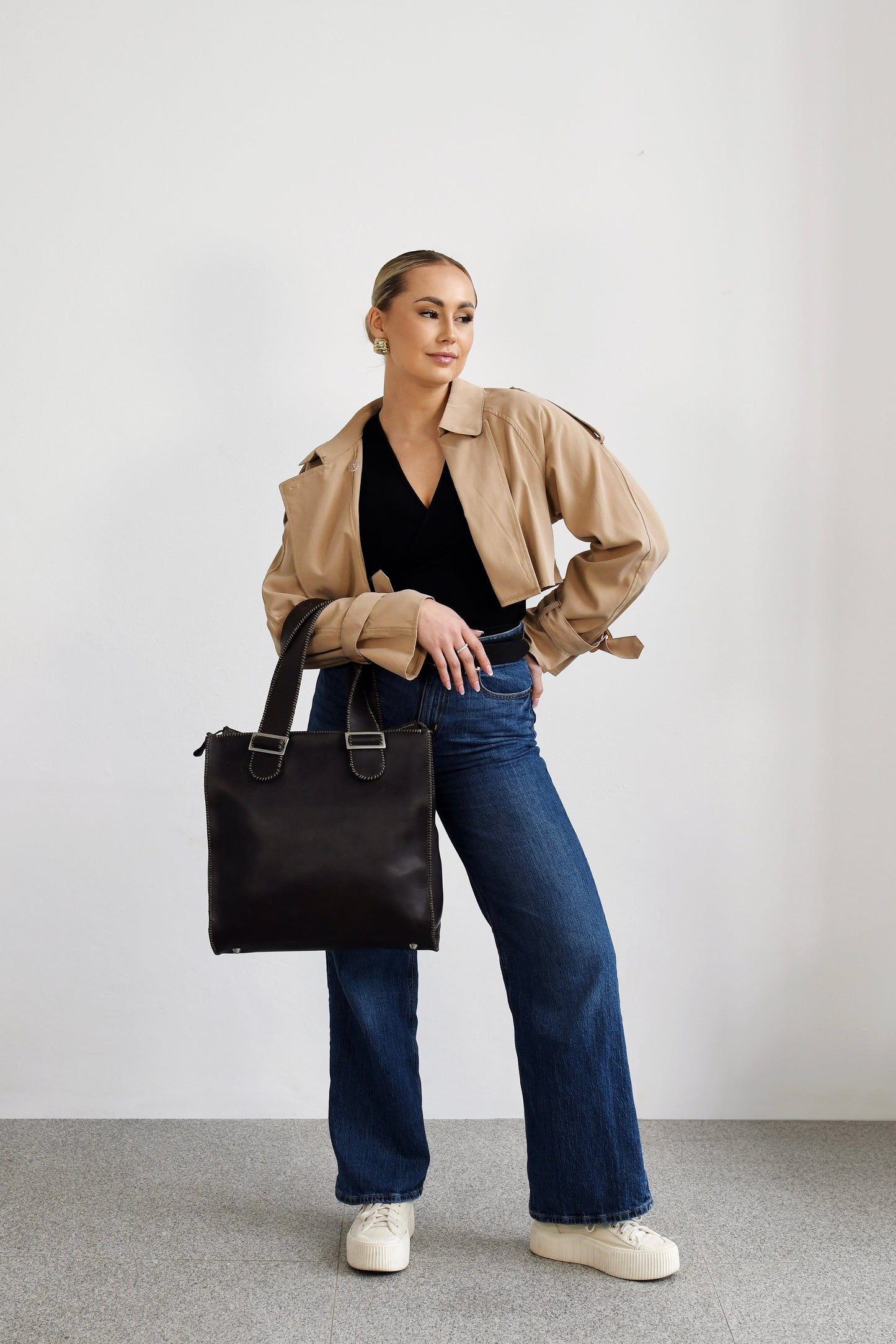 Leather Tote Bag with Buckles